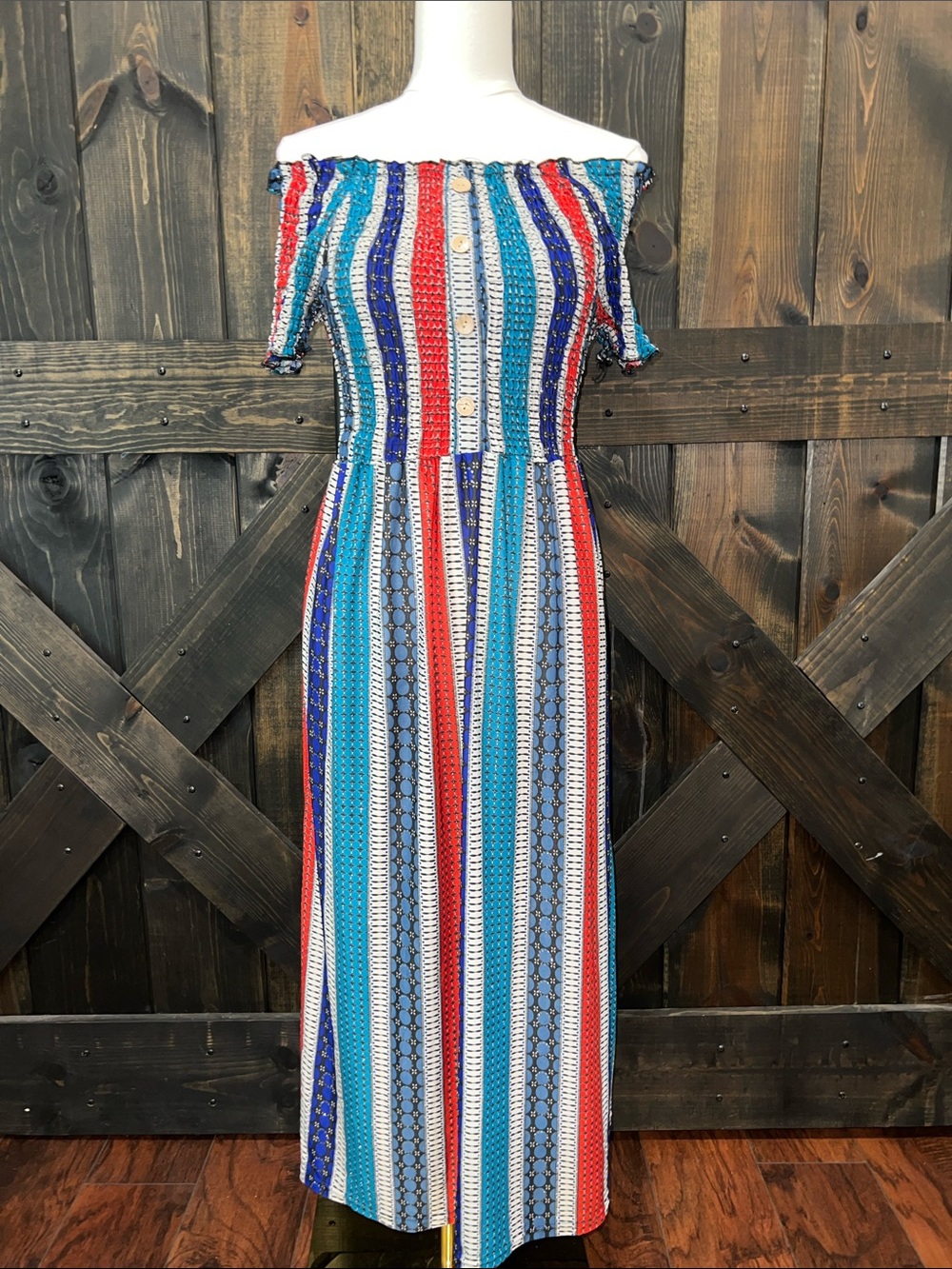 Seven Islands NY Smocked Midi Dress S Petite Metallic Striped Off Shoulder NWT